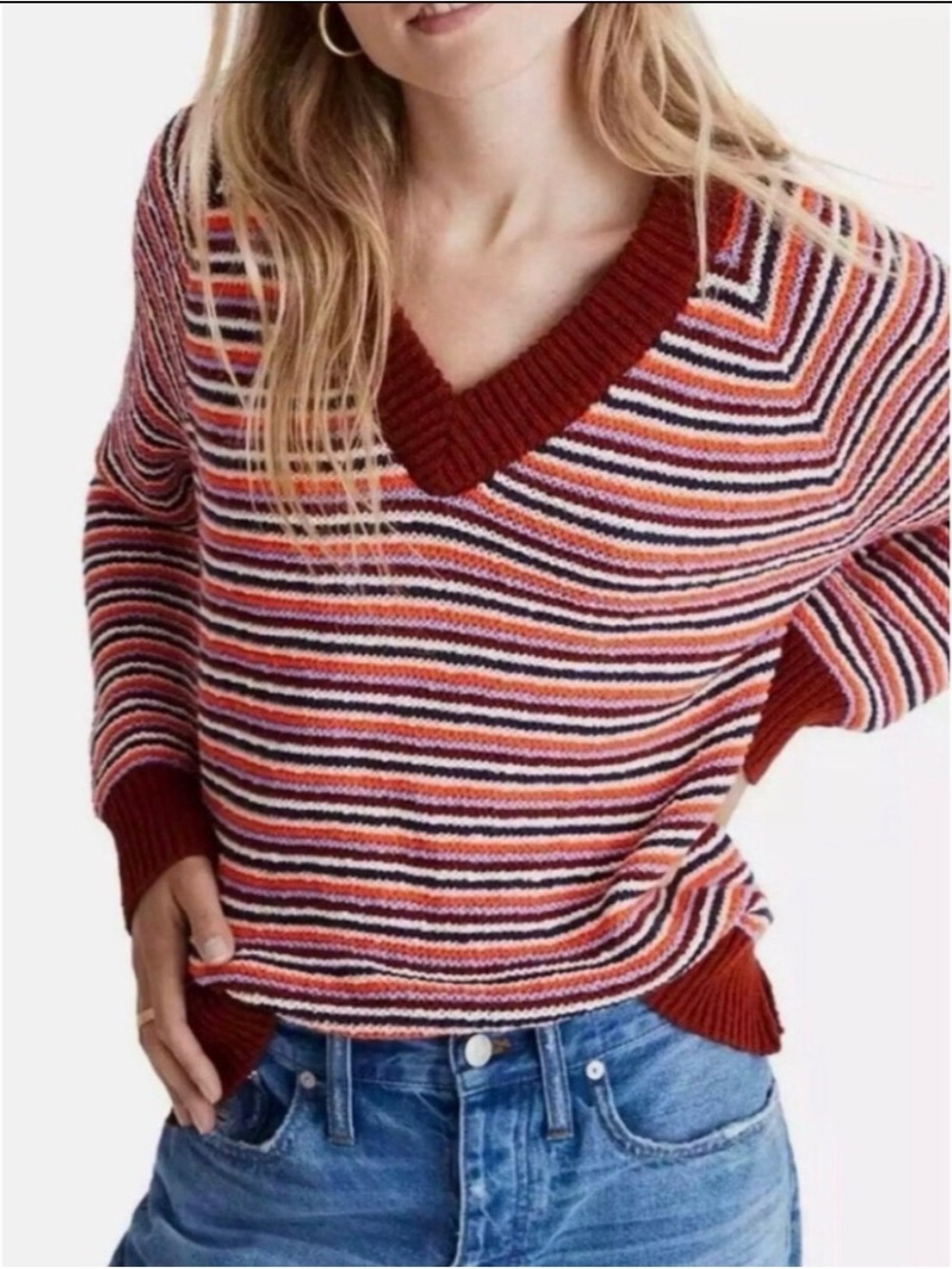 Madewell Arden V-Neck Crop Pullover Sweater in Striped Rust, Navy & Cream. Small